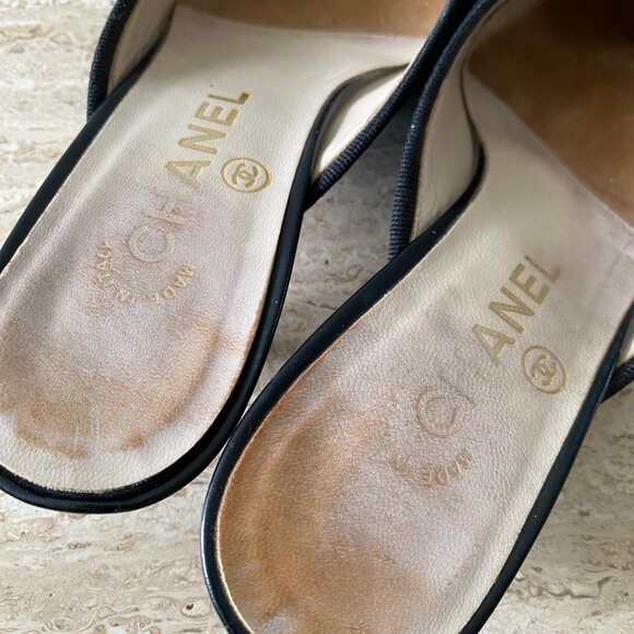 Vintage Chanel CC Bow Cap Toe Mule Kitten Heels - Picture 7 of 9